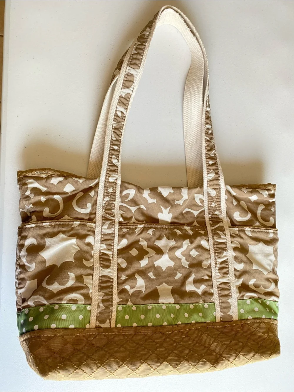 Berkshire Bags Tan & Green Cotton Knit Paisley Polka Dot Print Large Tote Purse